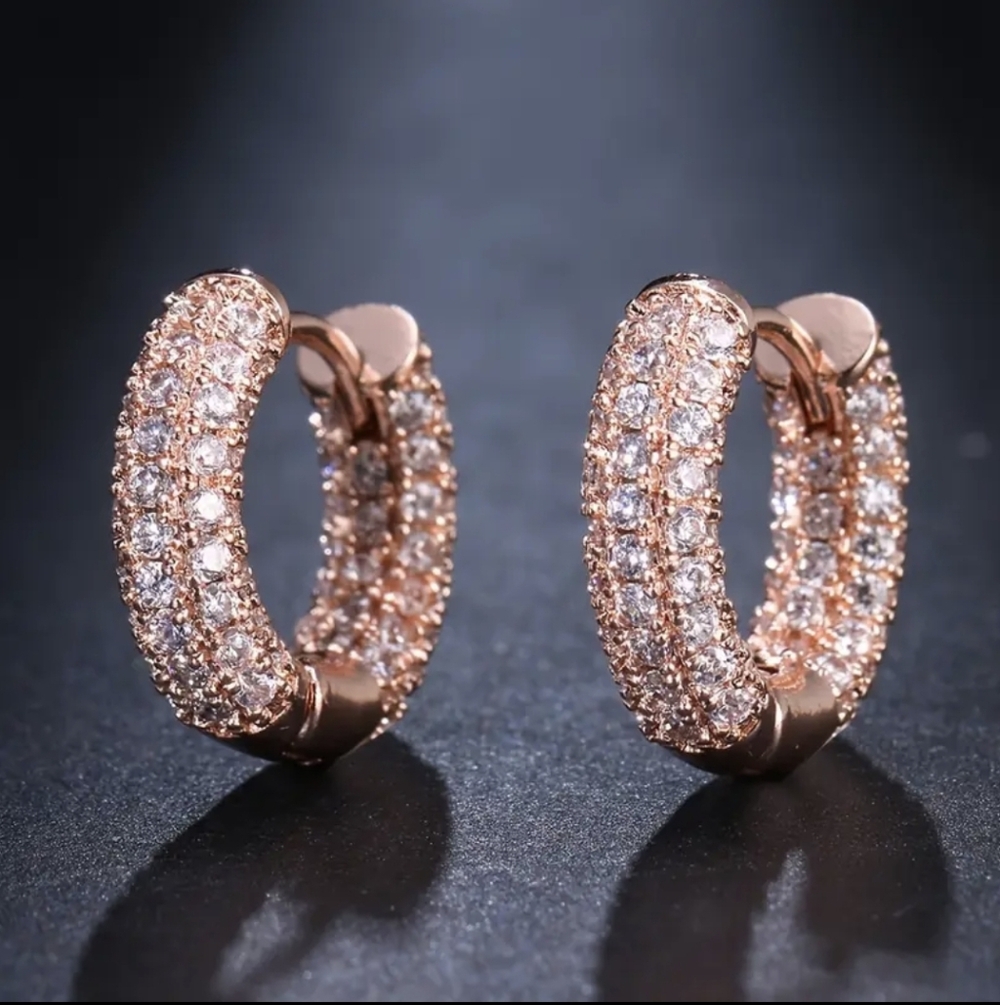 Rose Gold Pave Simulated Diamond Huggie Hoop Earrings